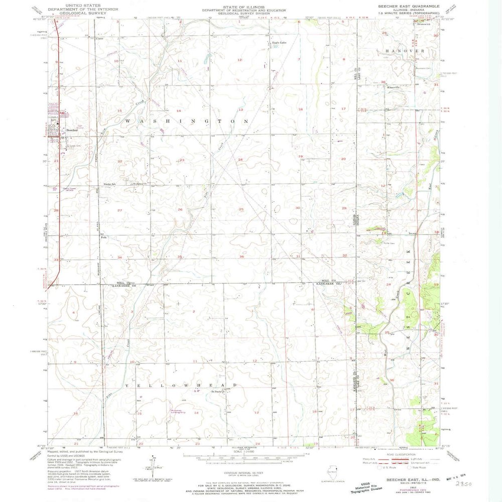 YellowMaps Beecher East IL topo map, 1:24000 Scale, 7.5 X 7.5 Minute, Historical, 1953, Updated 1974, 26.8 x 22 in - Polypropylene