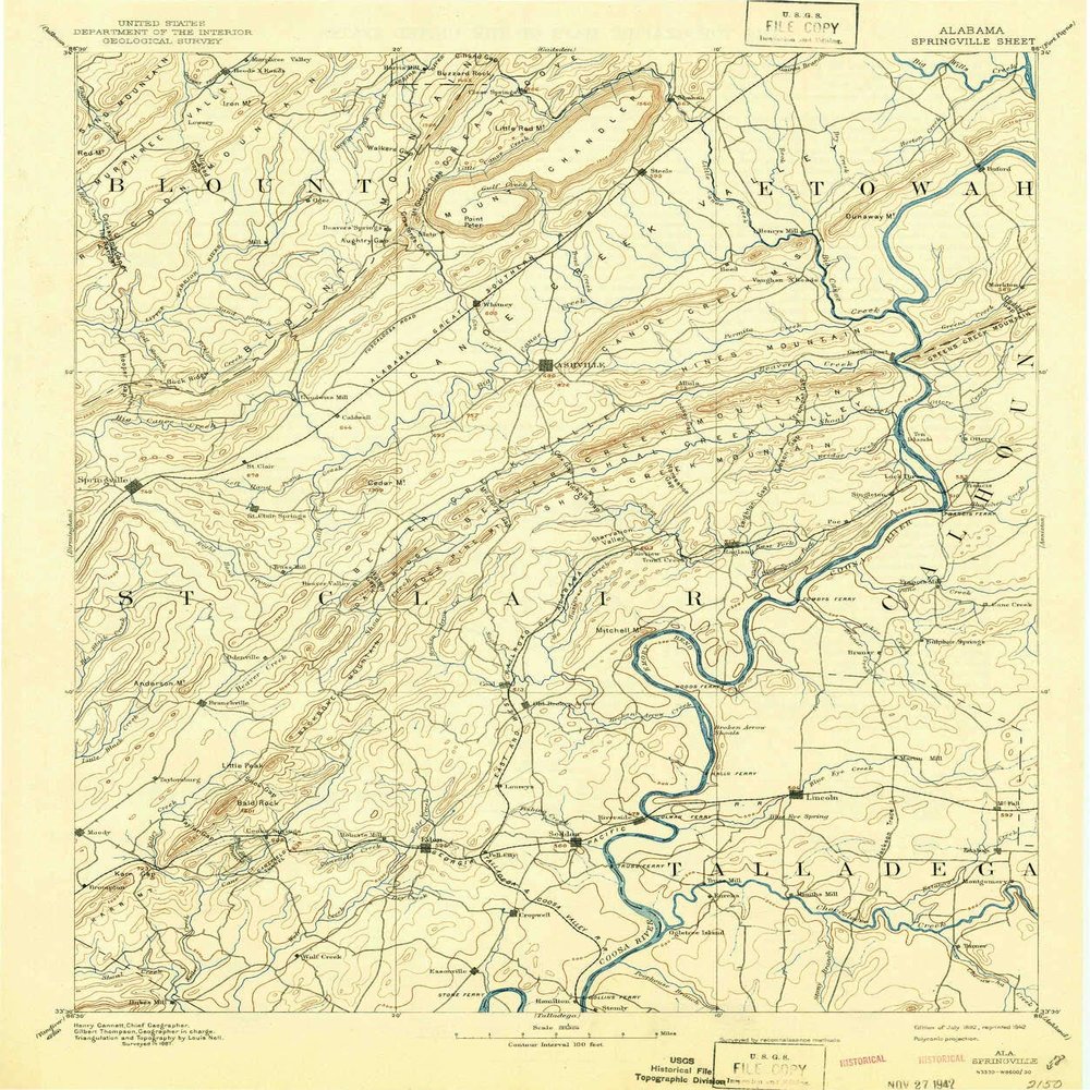 YellowMaps Springville AL topo map, 1:125000 Scale, 30 X 30 Minute, Historical, 1892, Updated 1942, 19.8 x 16.6 in - Polypropylene
