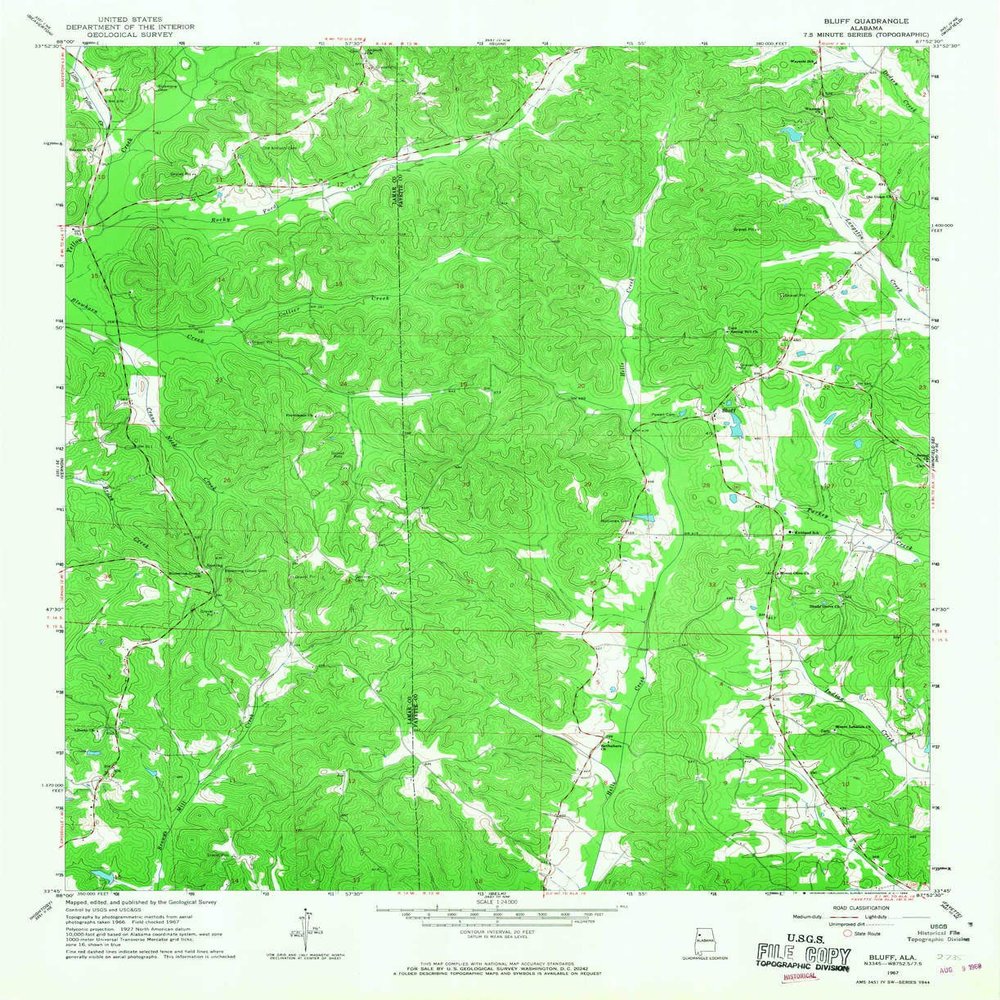 YellowMaps Bluff AL topo map, 1:24000 Scale, 7.5 X 7.5 Minute, Historical, 1967, Updated 1968, 26.9 x 22 in - Polypropylene