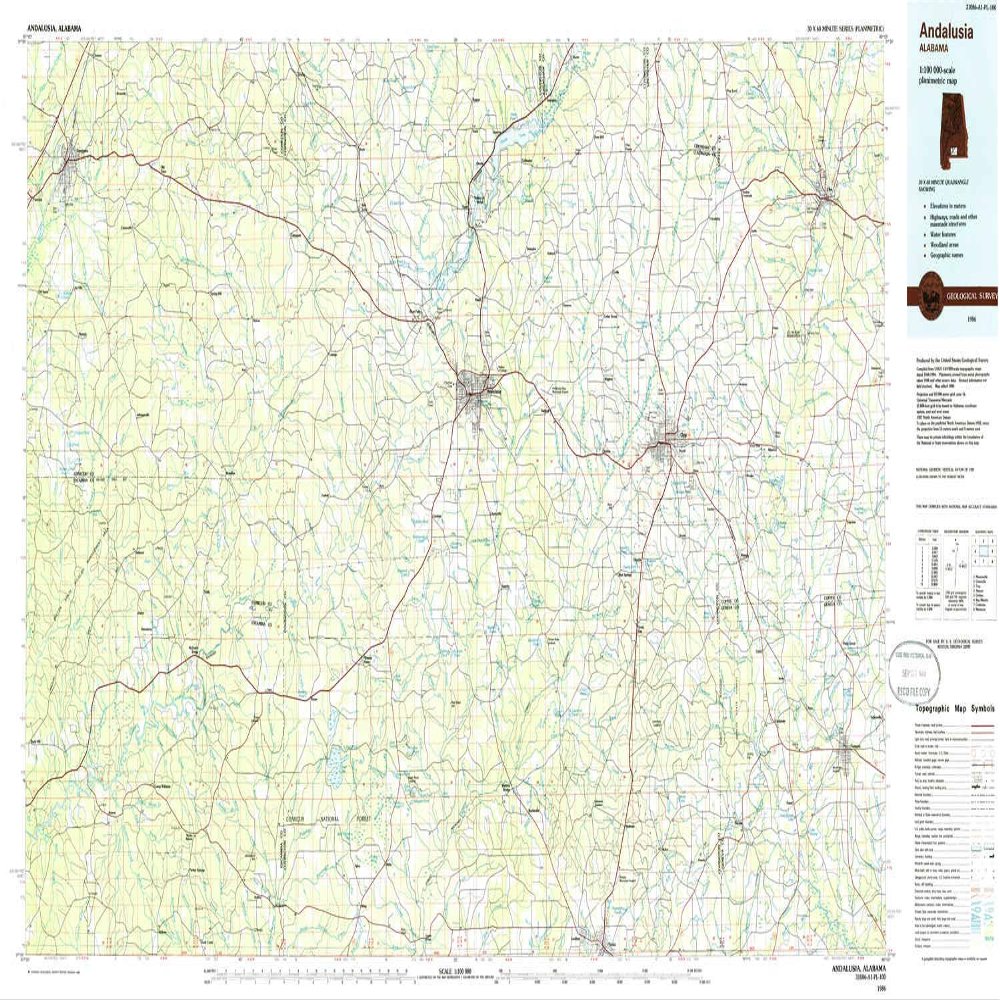 YellowMaps Andalusia AL topo map, 1:100000 Scale, 30 X 60 Minute, Historical, 1986, Updated 1986, 23.9 x 43.7 in - Polypropylene