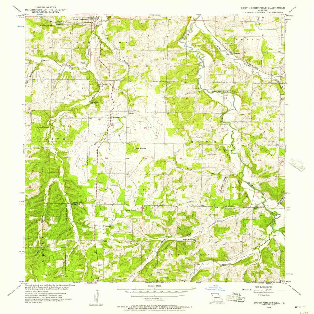 YellowMaps South Greenfield MO topo map, 1:24000 Scale, 7.5 X 7.5 Minute, Historical, 1956, Updated 1957, 26.9 x 22 in - Polypropylene