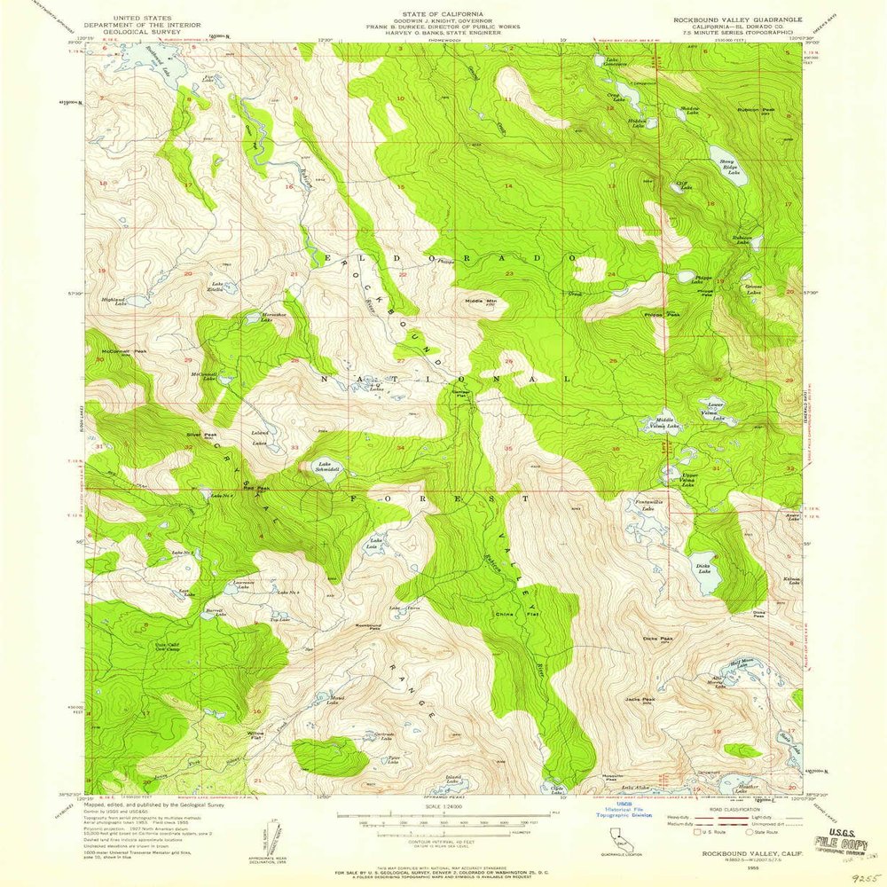 YellowMaps Rockbound Valley CA topo map, 1:24000 Scale, 7.5 X 7.5 Minute, Historical, 1955, Updated 1959, 26.8 x 22 in - Tyvek
