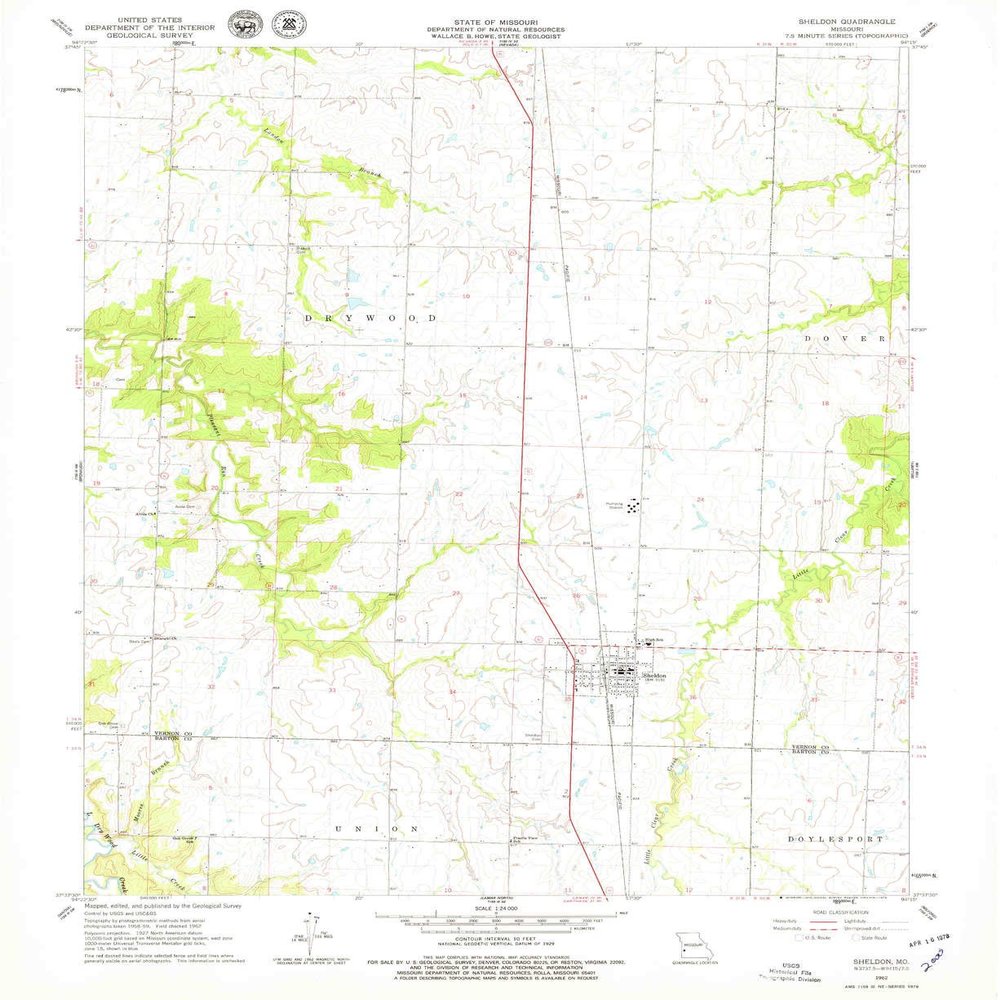 Sheldon MO topo map, 1:24000 Scale, 7.5 X 7.5 Minute, Historical, 1962, Updated 1979, 26.8 x 21.9 in - Polypropylene