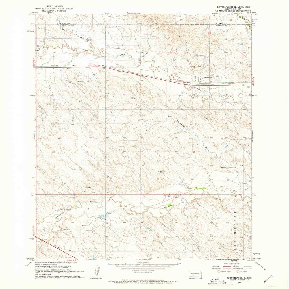 YellowMaps Cottonwood SD topo map, 1:24000 Scale, 7.5 X 7.5 Minute, Historical, 1961, Updated 1961, 26.9 x 22 in - Polypropylene