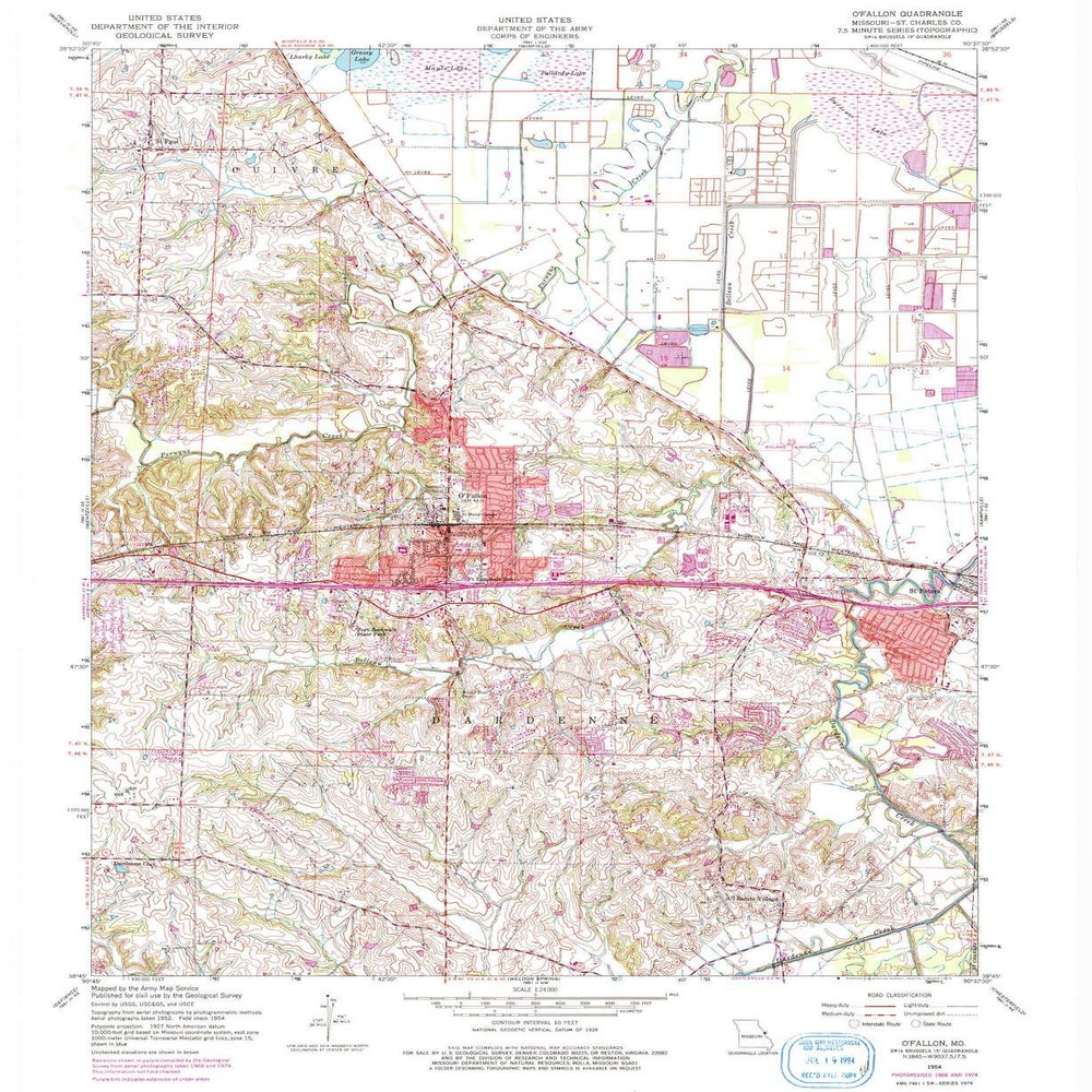O Fallon MO topo map, 1:24000 Scale, 7.5 X 7.5 Minute, Historical, 1954, Updated 1975, 26.8 x 21.9 in - Polypropylene