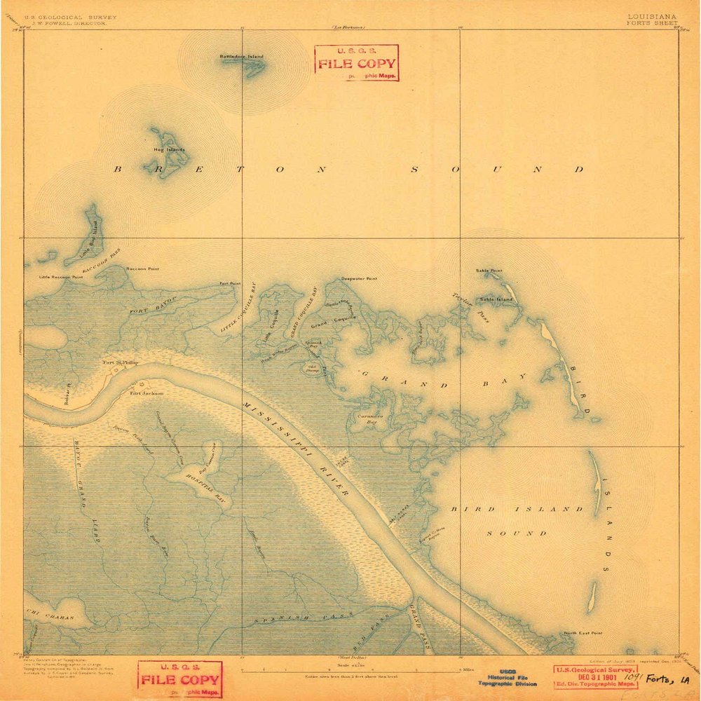 YellowMaps Forts LA topo map, 1:62500 Scale, 15 X 15 Minute, Historical, 1893, Updated 1901, 19.6 x 16.4 in - Tyvek