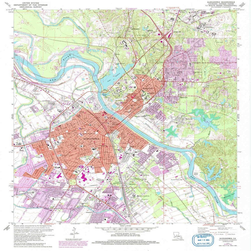 YellowMaps Alexandria LA topo map, 1:24000 Scale, 7.5 X 7.5 Minute, Historical, 1972, Updated 1992, 26.8 x 22 in - Tyvek