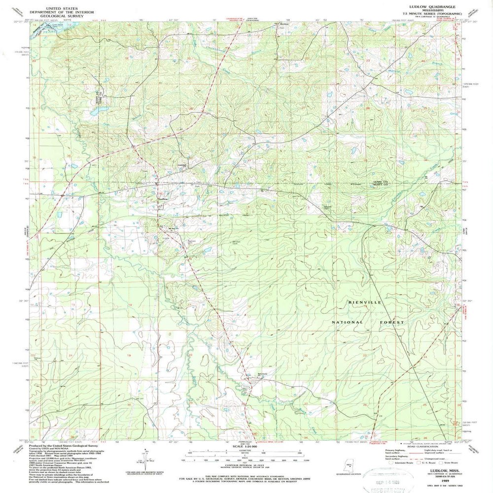 Ludlow MS topo map, 1:24000 Scale, 7.5 X 7.5 Minute, Historical, 1989, Updated 1989, 26.8 x 22 in - Tyvek