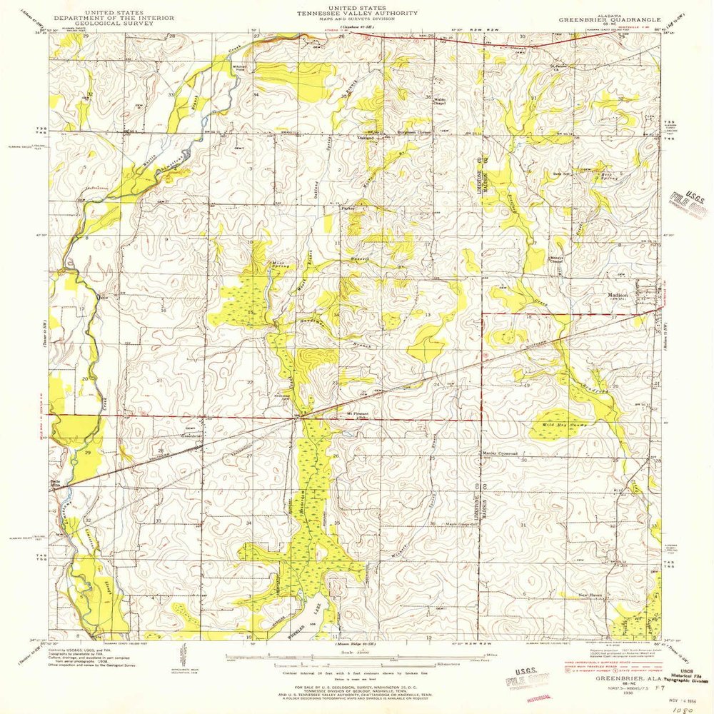 YellowMaps Greenbrier AL topo map, 1:24000 Scale, 7.5 X 7.5 Minute, Historical, 1938, Updated 1956, 26.7 x 21.9 in - Tyvek