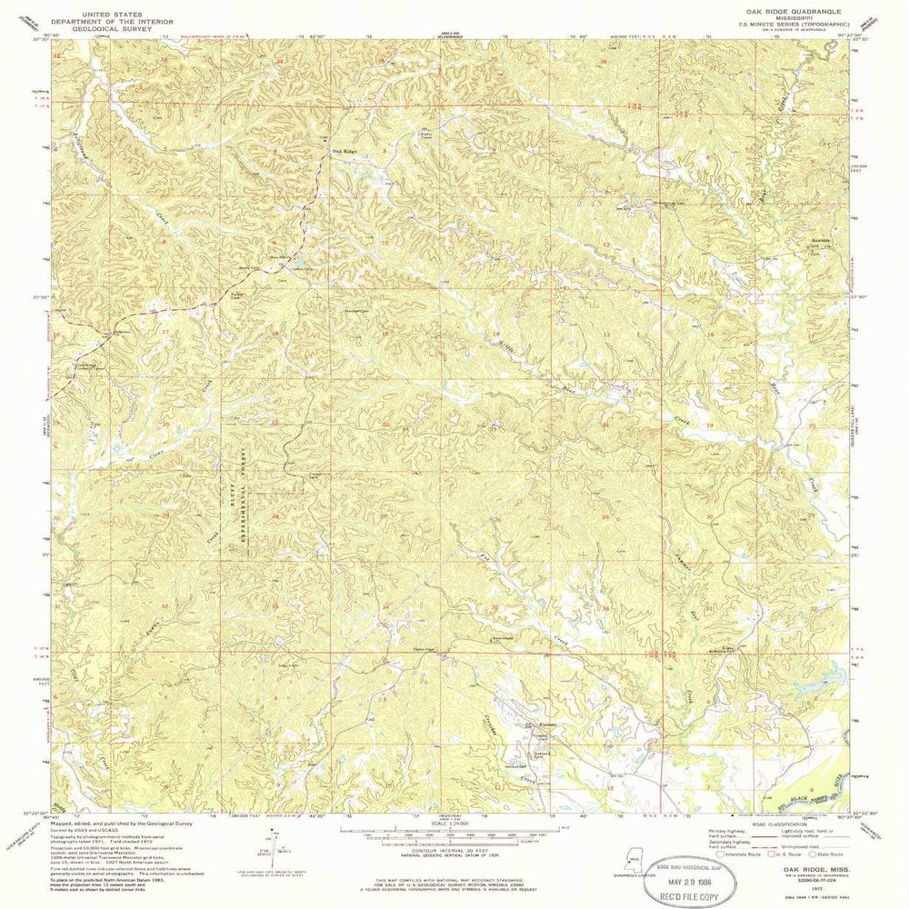 YellowMaps Oak Ridge MS topo map, 1:24000 Scale, 7.5 X 7.5 Minute, Historical, 1972, Updated 1986, 26.7 x 22 in - Polypropylene