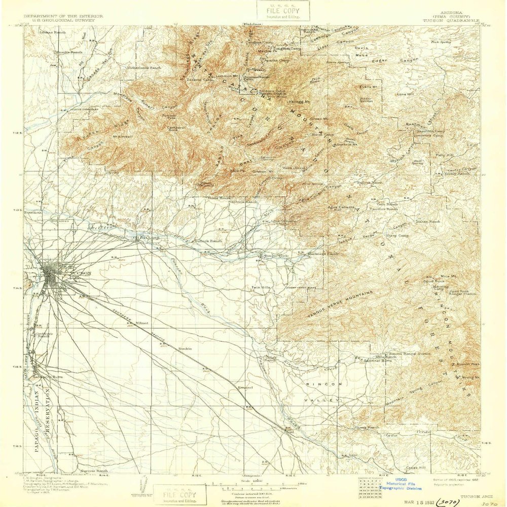 YellowMaps Tucson AZ topo map, 1:125000 Scale, 30 X 30 Minute, Historical, 1905, Updated 1932, 19.8 x 16.5 in - Polypropylene