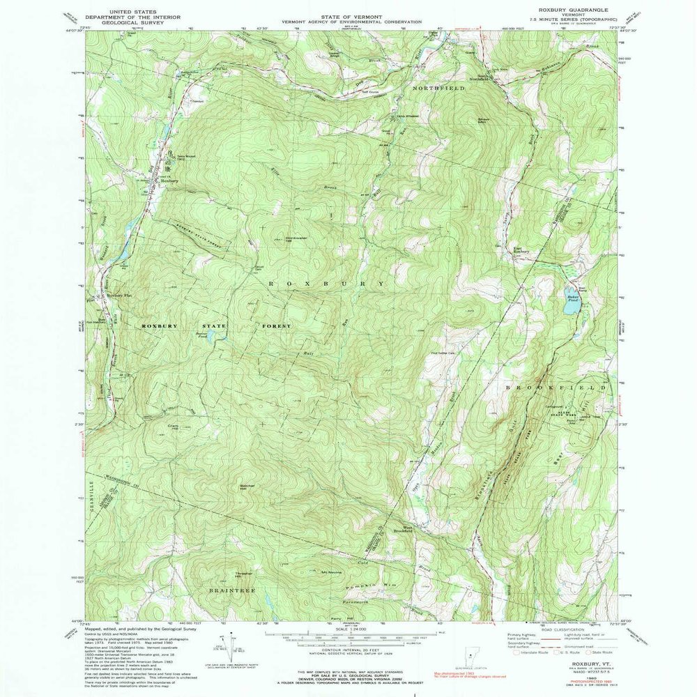 YellowMaps Roxbury VT topo map, 1:24000 Scale, 7.5 X 7.5 Minute, Historical, 1984, Updated 1991, 26.9 x 21.5 in - Polypropylene