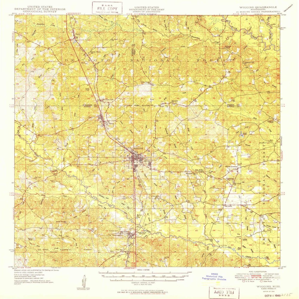 YellowMaps Wiggins MS topo map, 1:62500 Scale, 15 X 15 Minute, Historical, 1949, 20.7 x 17 in - Tyvek