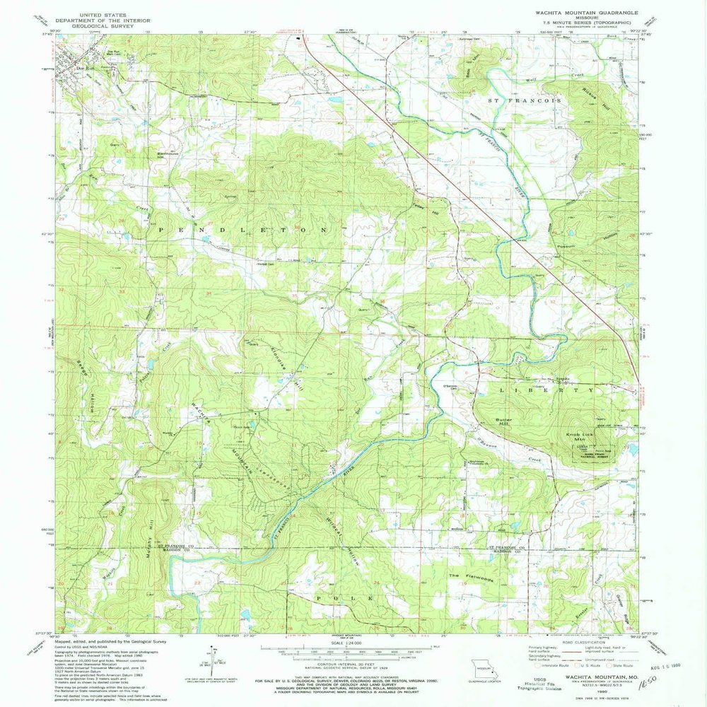 YellowMaps Wachita Mountain MO topo map, 1:24000 Scale, 7.5 X 7.5 Minute, Historical, 1980, Updated 1980, 26.8 x 21.9 in - Polypropylene