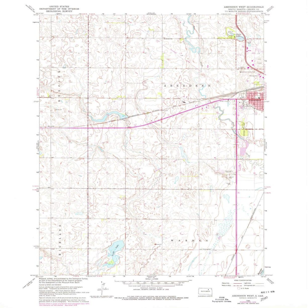 YellowMaps Aberdeen West SD topo map, 1:24000 Scale, 7.5 X 7.5 Minute, Historical, 1960, Updated 1978, 27 x 22 in - Tyvek