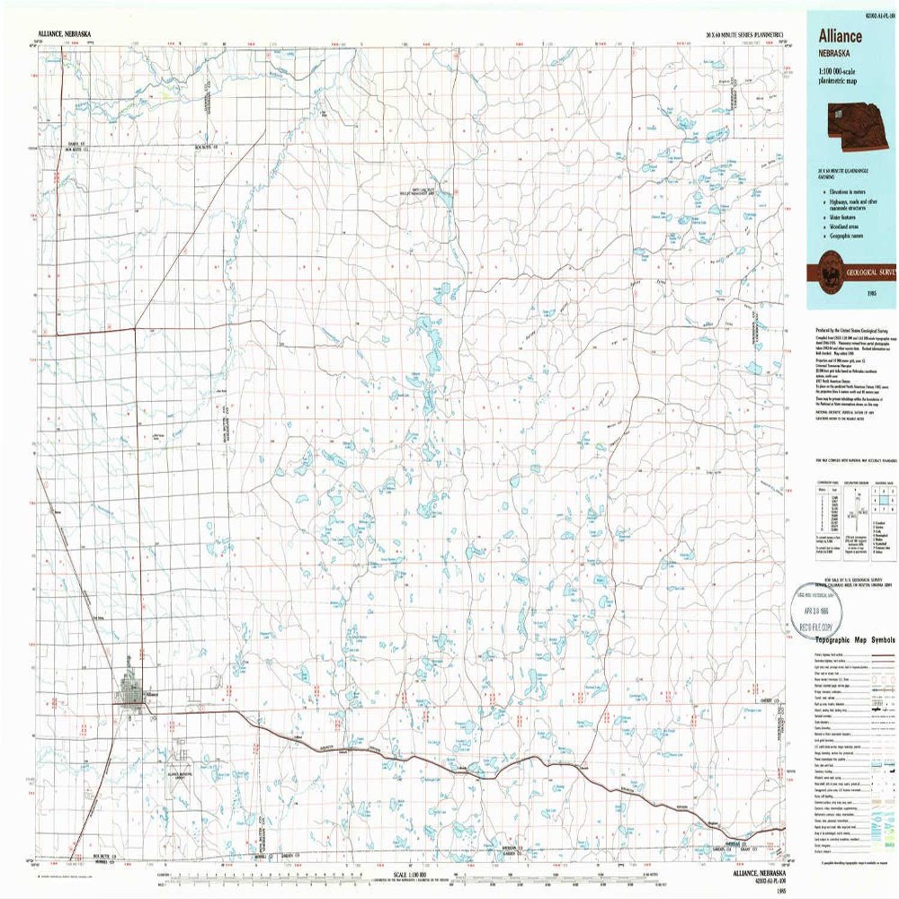 YellowMaps Alliance NE topo map, 1:100000 Scale, 30 X 60 Minute, Historical, 1985, Updated 1986, 24.1 x 39.1 in - Polypropylene