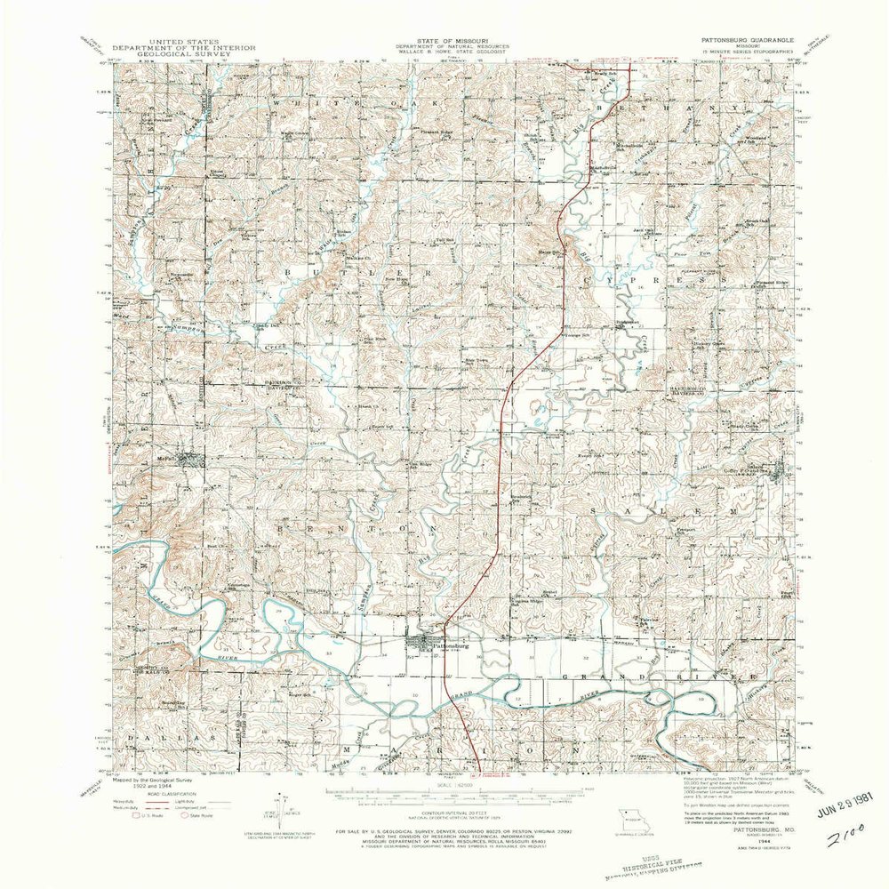 YellowMaps Pattonsburg MO topo map, 1:62500 Scale, 15 X 15 Minute, Historical, 1944, Updated 1981, 22 x 17.5 in - Polypropylene