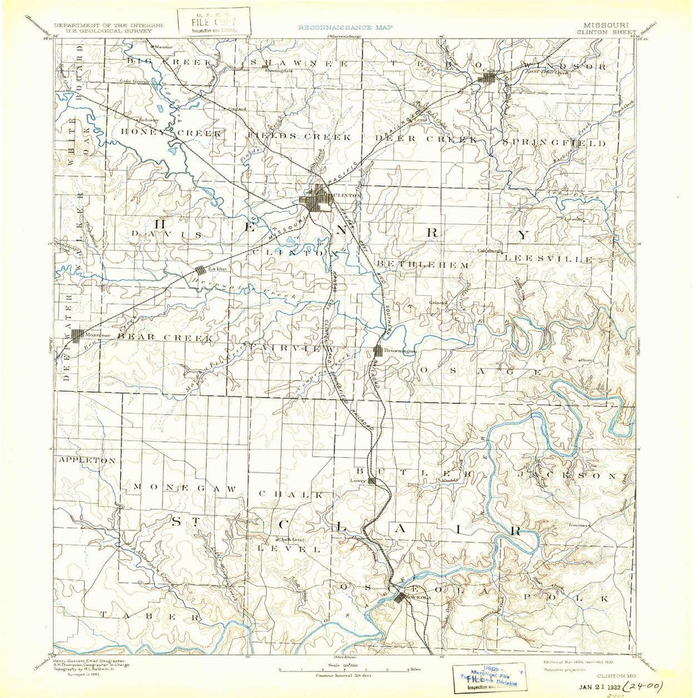 YellowMaps Clinton MO topo map, 1:125000 Scale, 30 X 30 Minute, Historical, 1894, Updated 1932, 19.8 x 16.6 in - Polypropylene