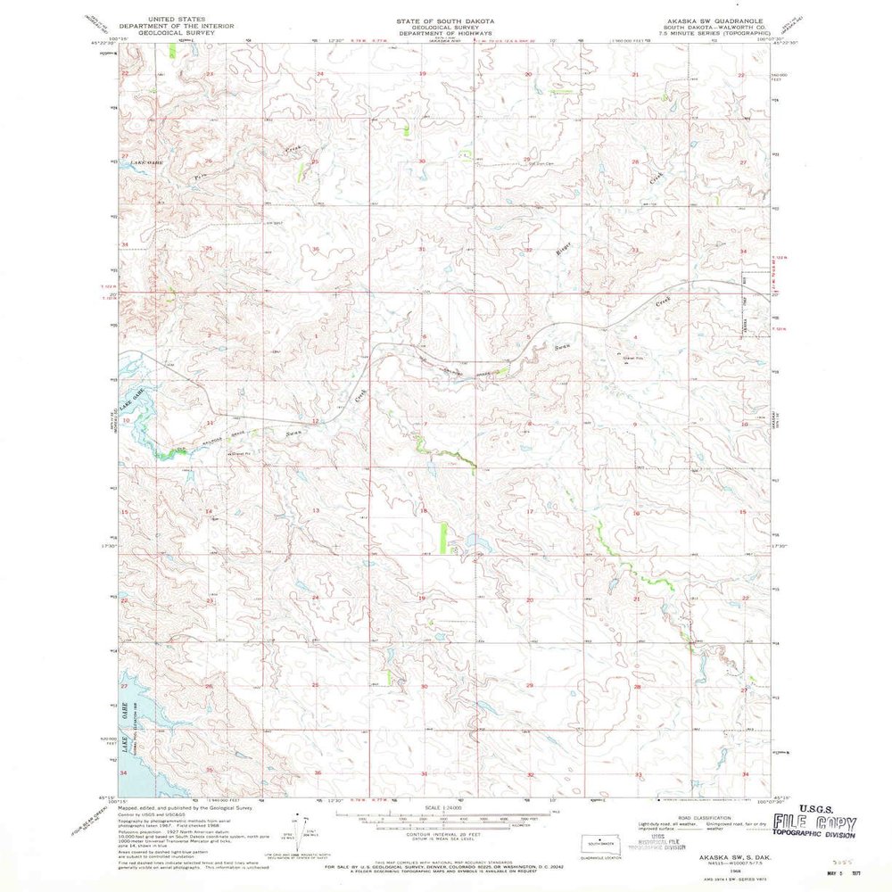 YellowMaps Akaska SW SD topo map, 1:24000 Scale, 7.5 X 7.5 Minute, Historical, 1968, Updated 1971, 26.9 x 22 in - Polypropylene
