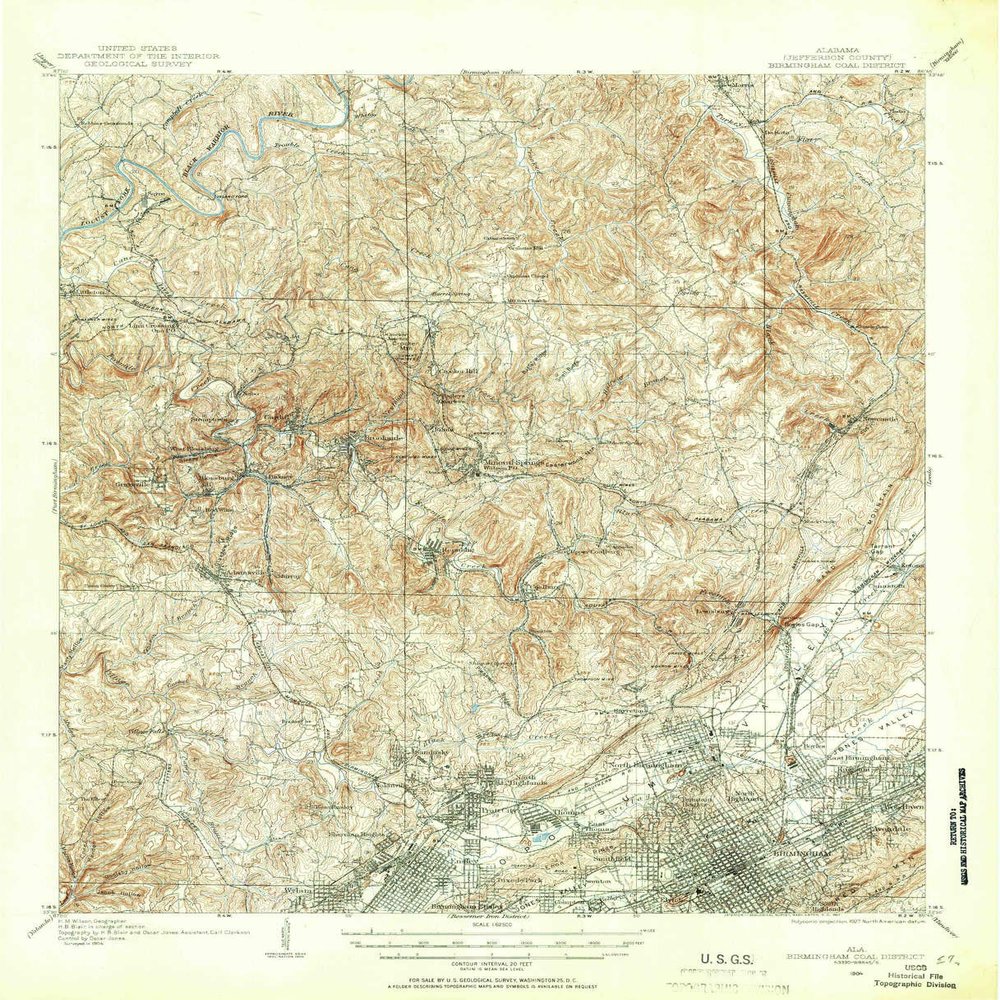 YellowMaps Birmingham Coal District AL topo map, 1:62500 Scale, 15 X 15 Minute, Historical, 1904, Updated 1967, 20.8 x 16.9 in - Tyvek
