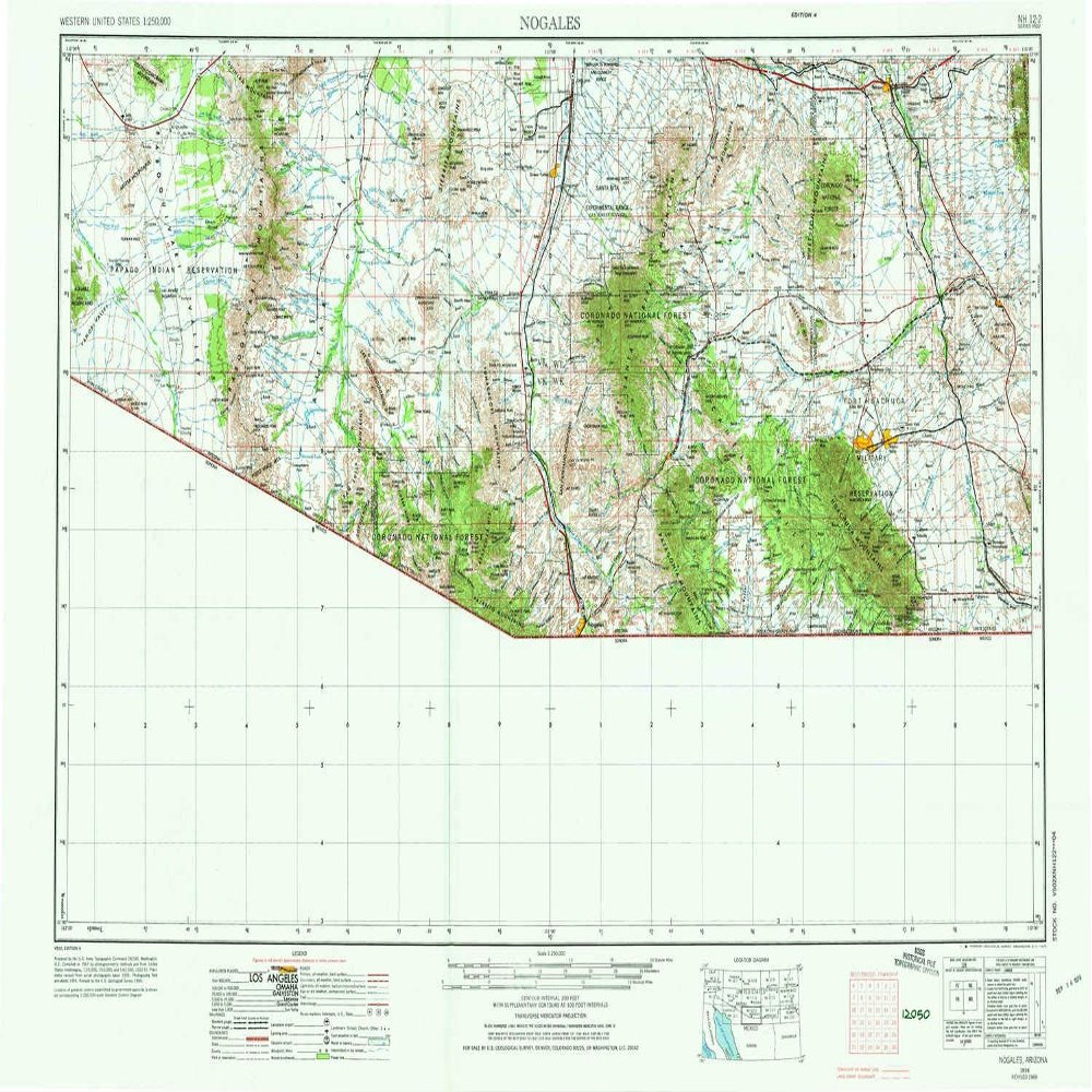 YellowMaps Nogales AZ topo map, 1:250000 Scale, 1 X 2 Degree, Historical, 1956, Updated 1973, 22 x 34 in - Tyvek