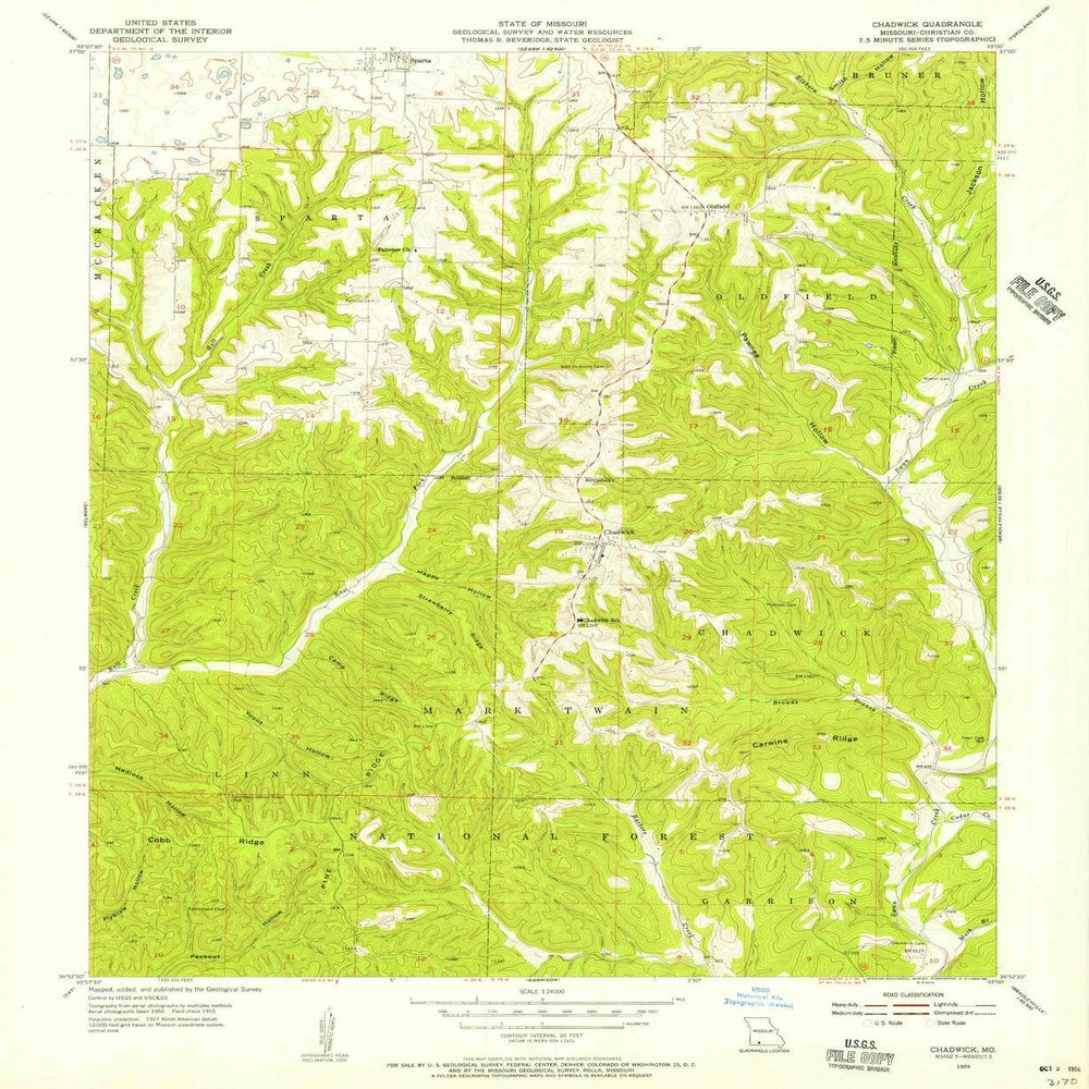 YellowMaps Chadwick MO topo map, 1:24000 Scale, 7.5 X 7.5 Minute, Historical, 1955, Updated 1956, 26.8 x 22 in - Tyvek