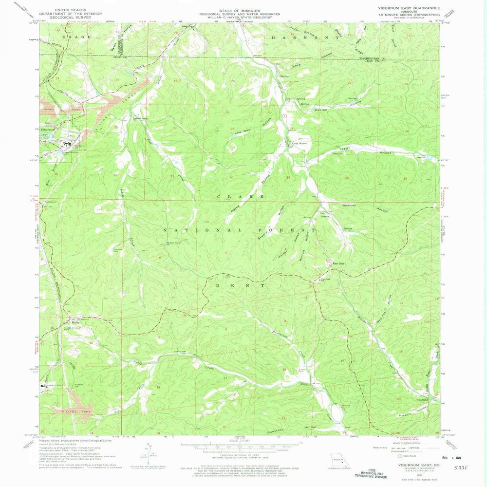 YellowMaps Viburnum East MO topo map, 1:24000 Scale, 7.5 X 7.5 Minute, Historical, 1967, Updated 1975, 26.9 x 22 in - Polypropylene
