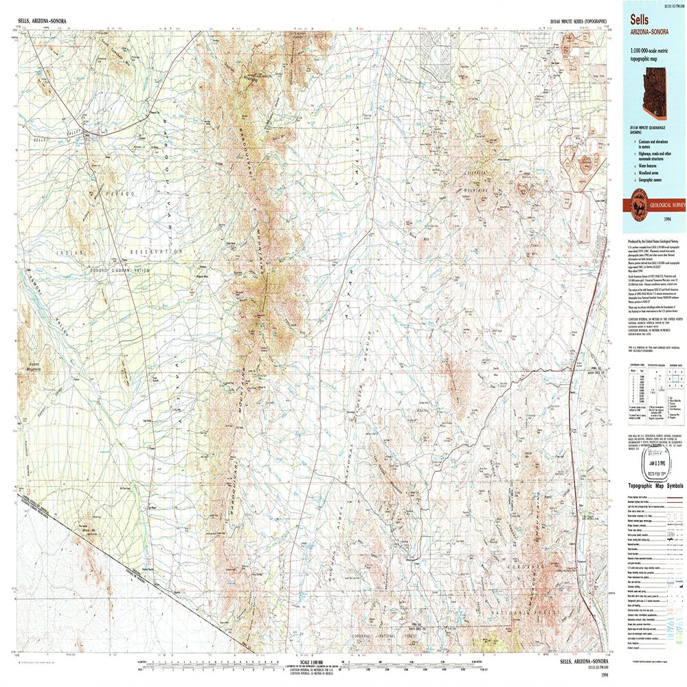 Sells AZ topo map, 1:100000 Scale, 30 X 60 Minute, Historical, 1994, Updated 1994, 24.1 x 43.5 in - Polypropylene