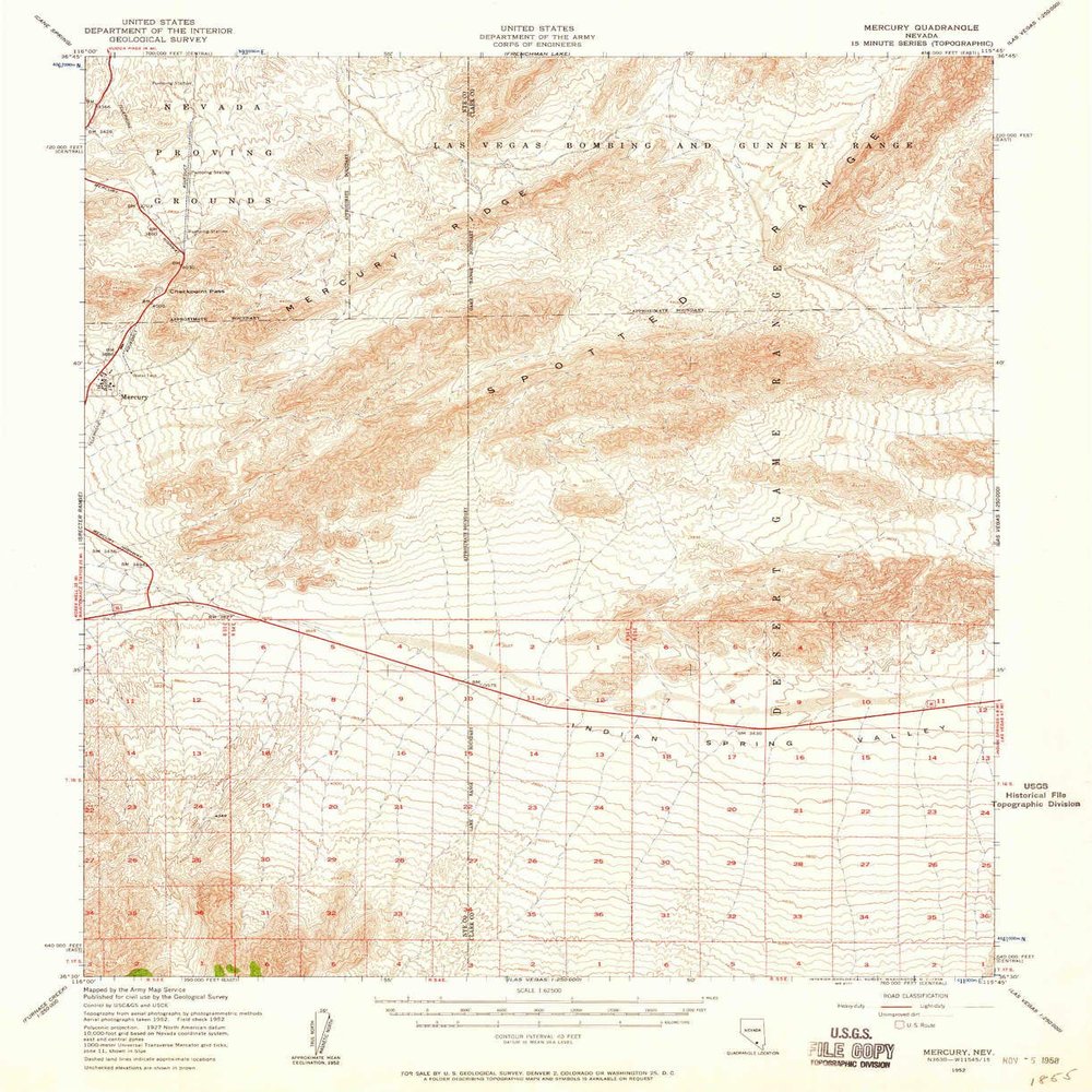 YellowMaps Mercury NV topo map, 1:62500 Scale, 15 X 15 Minute, Historical, 1952, Updated 1958, 20.7 x 16.9 in - Polypropylene