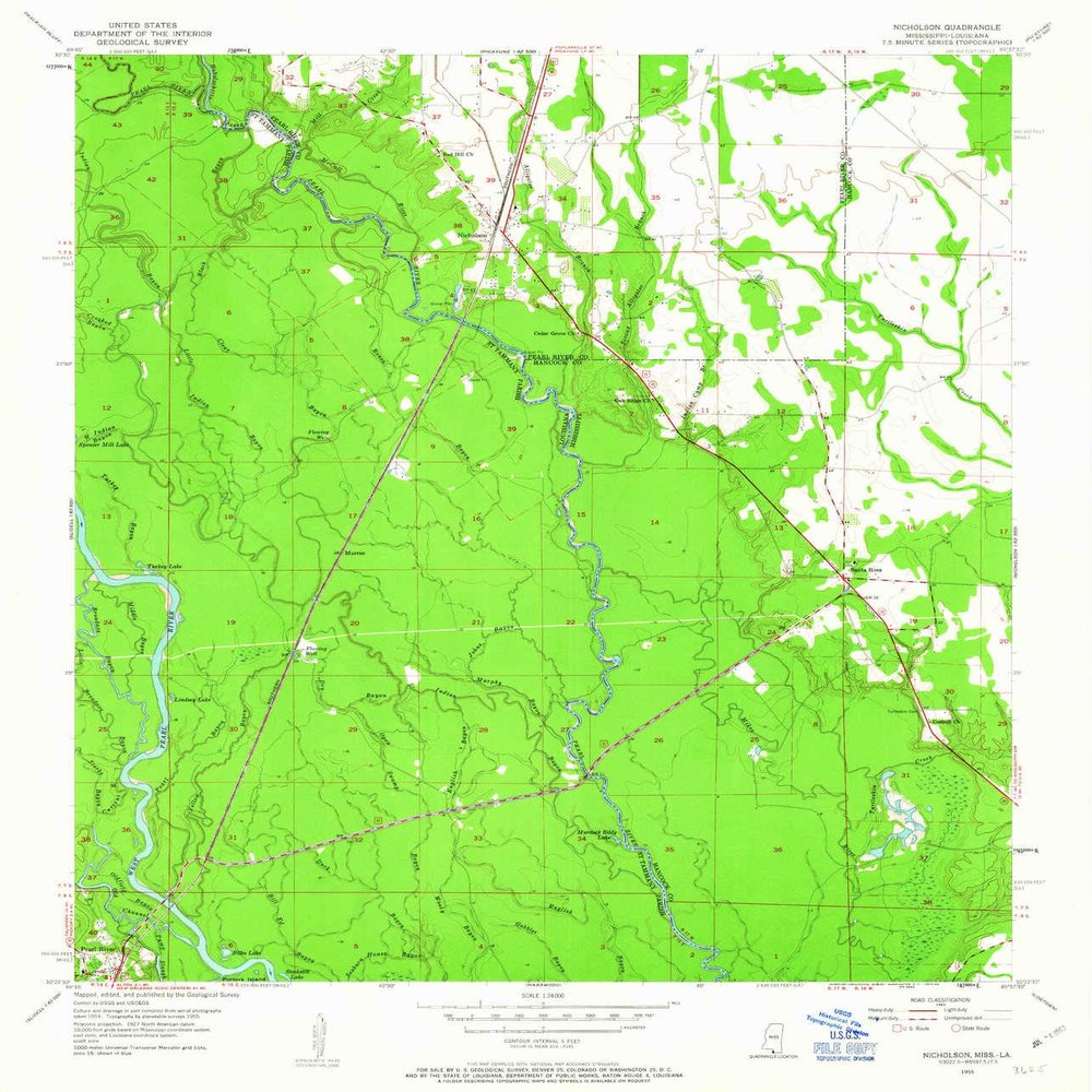 YellowMaps Nicholson MS topo map, 1:24000 Scale, 7.5 X 7.5 Minute, Historical, 1955, Updated 1963, 26.8 x 23 in - Tyvek