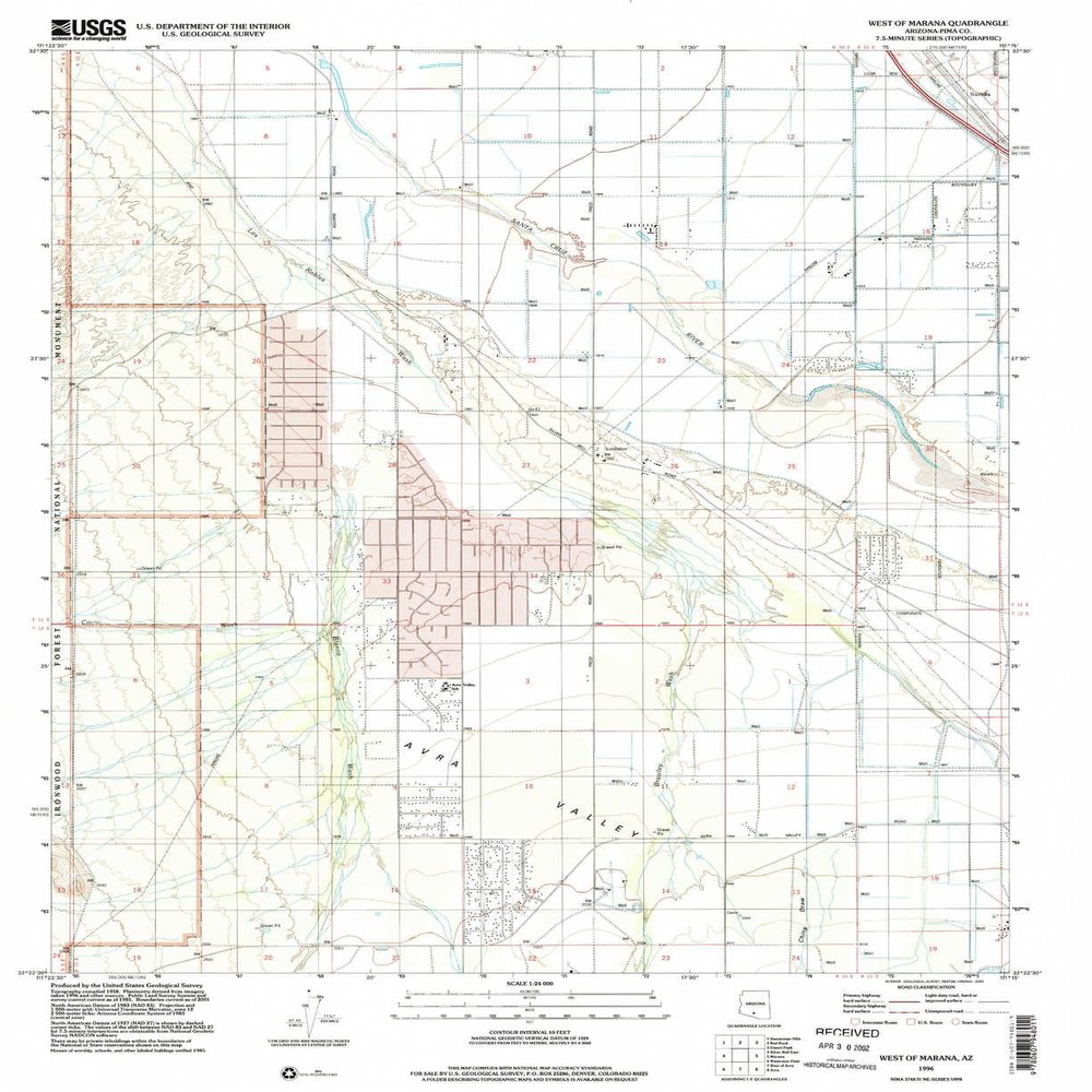 West of Marana AZ topo map, 1:24000 Scale, 7.5 X 7.5 Minute, Historical, 1996, Updated 2002, 26.9 x 22 in - Polypropylene