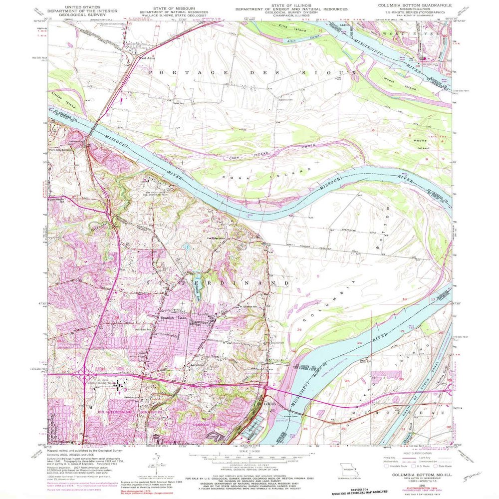 YellowMaps Columbia Bottom MO topo map, 1:24000 Scale, 7.5 X 7.5 Minute, Historical, 1951, Updated 1983, 26.8 x 22 in - Polypropylene