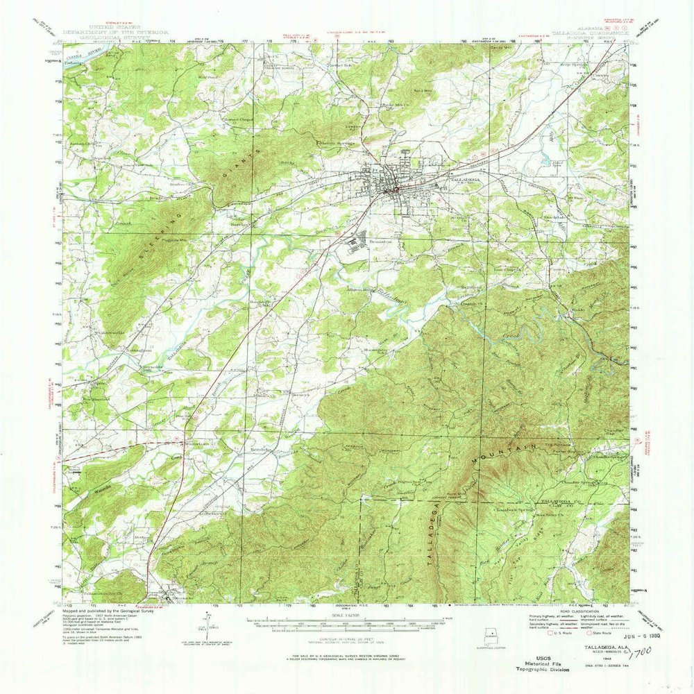 YellowMaps Talladega AL topo map, 1:62500 Scale, 15 X 15 Minute, Historical, 1943, Updated 1980, 21.6 x 17.9 in - Tyvek
