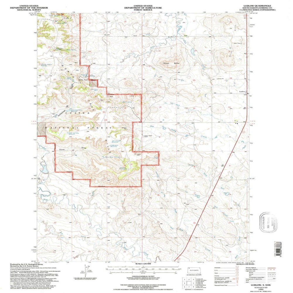 Ludlow SD topo map, 1:24000 Scale, 7.5 X 7.5 Minute, Historical, 1993, Updated 1996, 26.9 x 22 in - Polypropylene