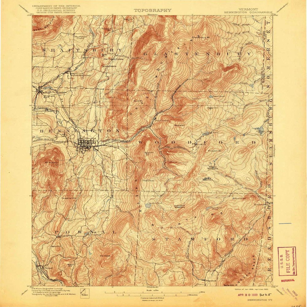YellowMaps Bennington VT topo map, 1:62500 Scale, 15 X 15 Minute, Historical, 1898, Updated 1920, 19.8 x 16.4 in - Tyvek
