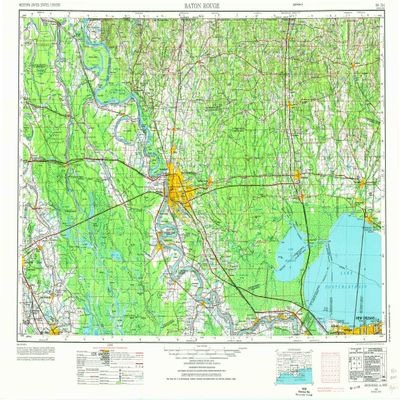 YellowMaps Baton Rouge LA topo map, 1:250000 Scale, 1 X 2 Degree, Historical, 1954, Updated 1974, 22.1 x 33.8 in - Polypropylene