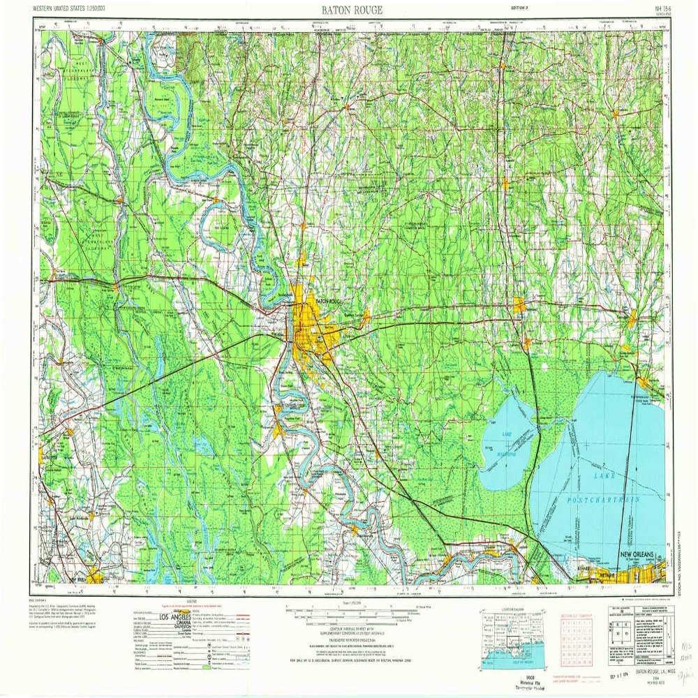 YellowMaps Baton Rouge LA topo map, 1:250000 Scale, 1 X 2 Degree, Historical, 1954, Updated 1974, 22.1 x 33.8 in - Polypropylene