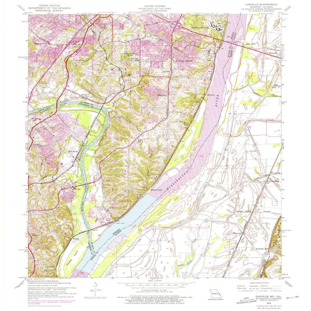 YellowMaps Oakville MO topo map, 1:24000 Scale, 7.5 X 7.5 Minute, Historical, 1954, Updated 1975, 26.9 x 22 in - Tyvek