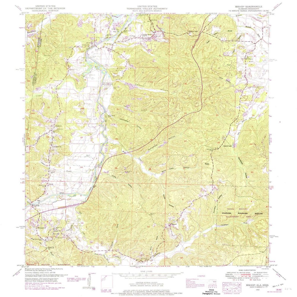 YellowMaps Bishop AL topo map, 1:24000 Scale, 7.5 X 7.5 Minute, Historical, 1950, Updated 1974, 26.9 x 22.9 in - Tyvek