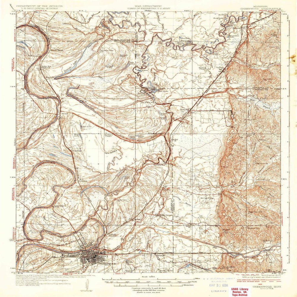YellowMaps Greenwood MS topo map, 1:62500 Scale, 15 X 15 Minute, Historical, 1936, 19.9 x 16.4 in - Polypropylene