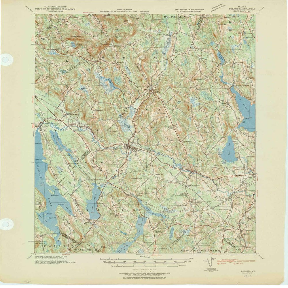 YellowMaps Poland ME topo map, 1:62500 Scale, 15 X 15 Minute, Historical, 1940, Updated 1942, 21.1 x 16.4 in - Tyvek