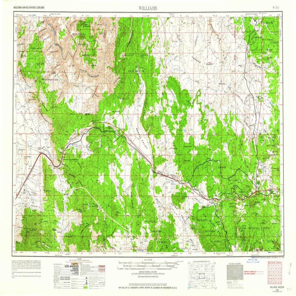YellowMaps Williams AZ topo map, 1:250000 Scale, 1 X 2 Degree, Historical, 1956, Updated 1963, 22 x 32.1 in - Polypropylene