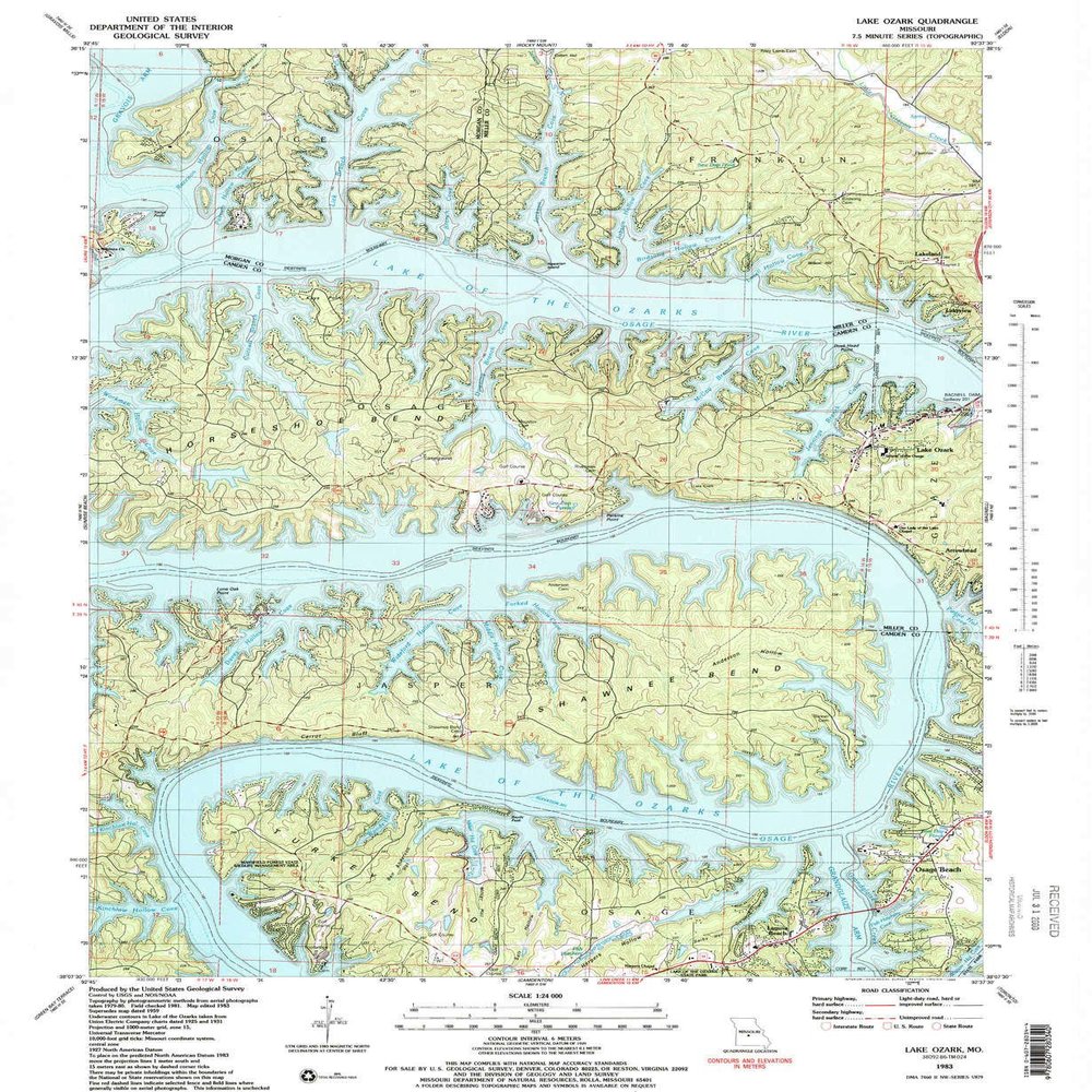 YellowMaps Lake Ozark MO topo map, 1:24000 Scale, 7.5 X 7.5 Minute, Historical, 1983, Updated 1989, 26.8 x 22 in - Polypropylene