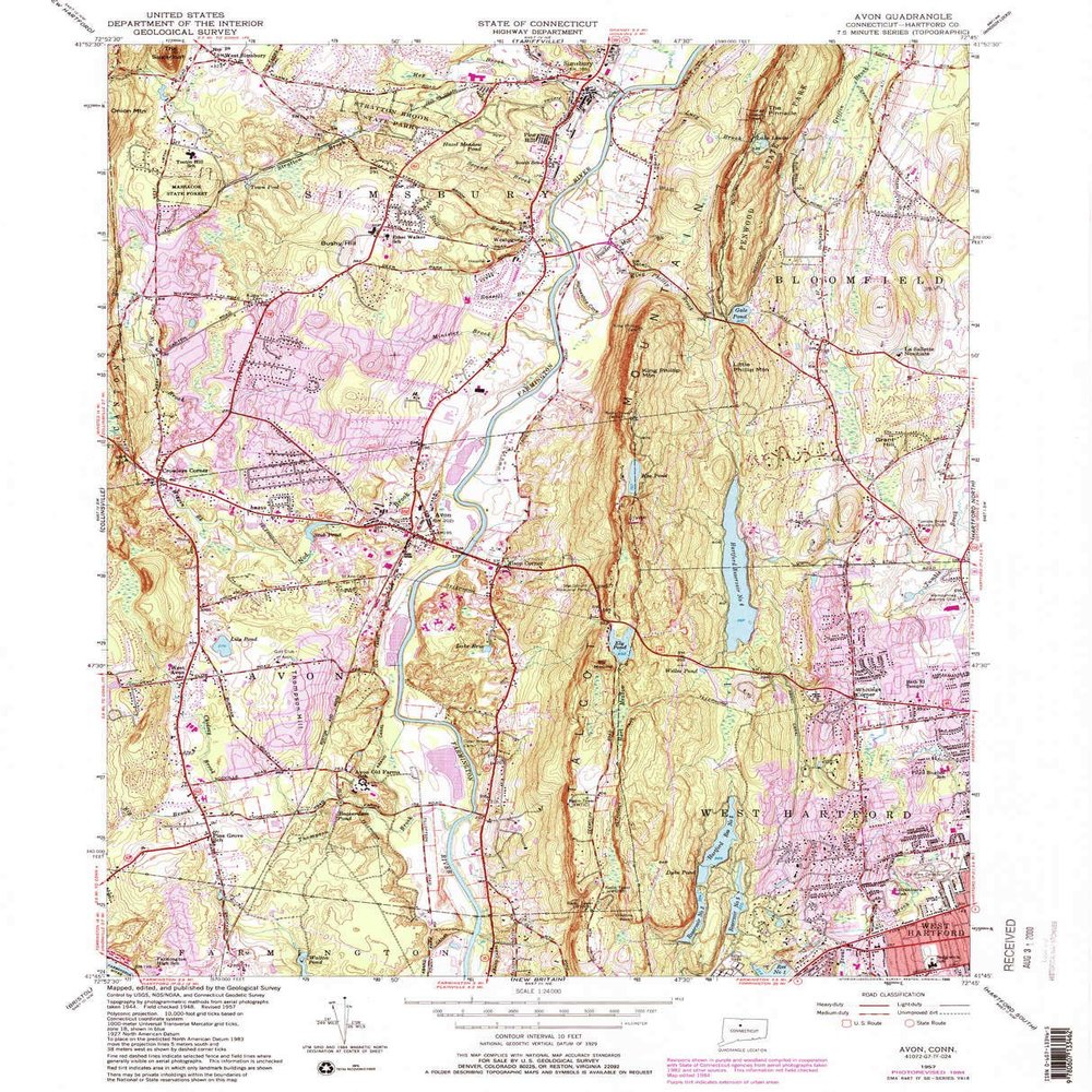 YellowMaps Avon CT topo map, 1:24000 Scale, 7.5 X 7.5 Minute, Historical, 1957, Updated 1988, 26.7 x 21.6 in - Tyvek