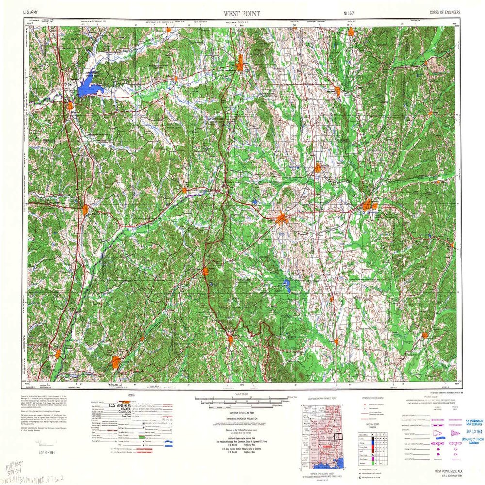 YellowMaps West Point MS topo map, 1:250000 Scale, 1 X 2 Degree, Historical, 1984, Updated 1984, 23.9 x 33.2 in - Tyvek