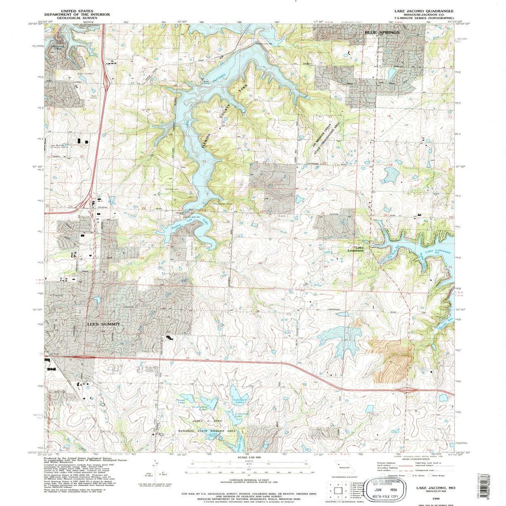 YellowMaps Lake Jacomo MO topo map, 1:24000 Scale, 7.5 X 7.5 Minute, Historical, 1990, Updated 1995, 26.9 x 21.9 in - Tyvek