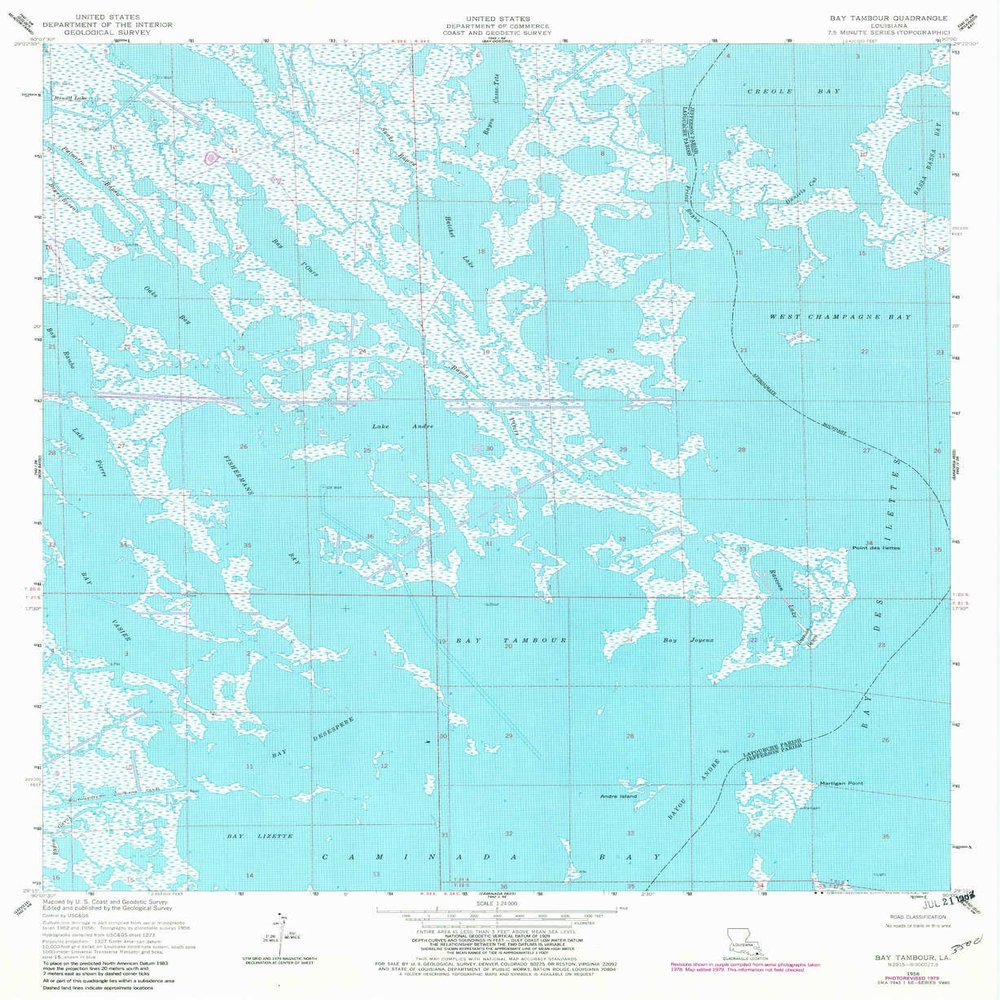 YellowMaps Bay Tambour LA topo map, 1:24000 Scale, 7.5 X 7.5 Minute, Historical, 1956, Updated 1980, 26.8 x 22 in - Tyvek