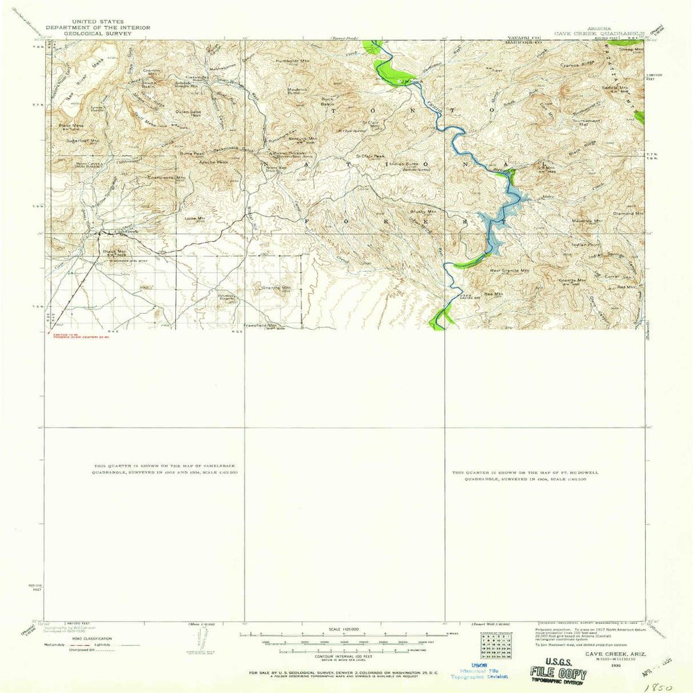 YellowMaps Cave Creek AZ topo map, 1:125000 Scale, 30 X 30 Minute, Historical, 1930, Updated 1959, 20.8 x 16.9 in - Polypropylene