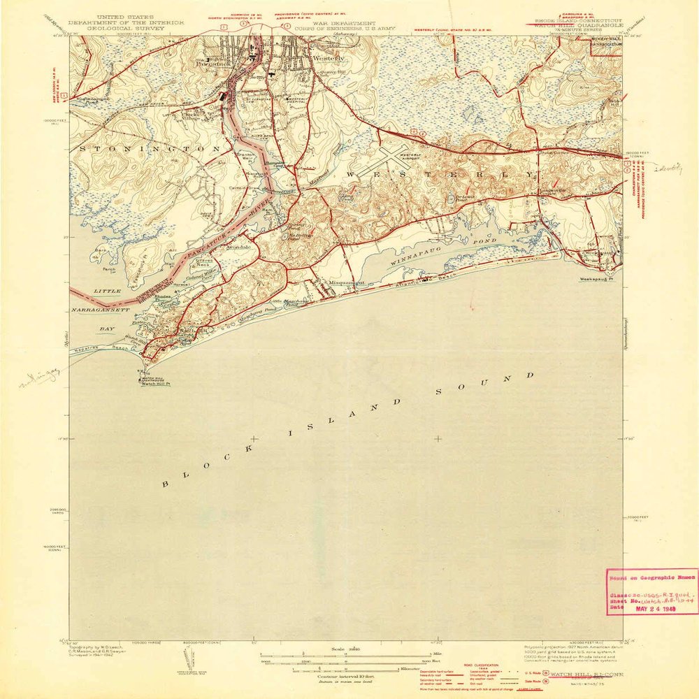 YellowMaps Watch Hill RI topo map, 1:31680 Scale, 7.5 X 7.5 Minute, Historical, 1944, 19.9 x 16.4 in - Tyvek