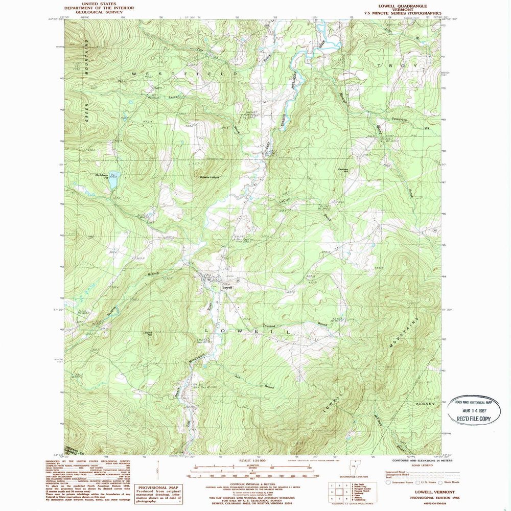 Lowell VT topo map, 1:24000 Scale, 7.5 X 7.5 Minute, Historical, 1986, Updated 1987, 26.7 x 22 in - Polypropylene